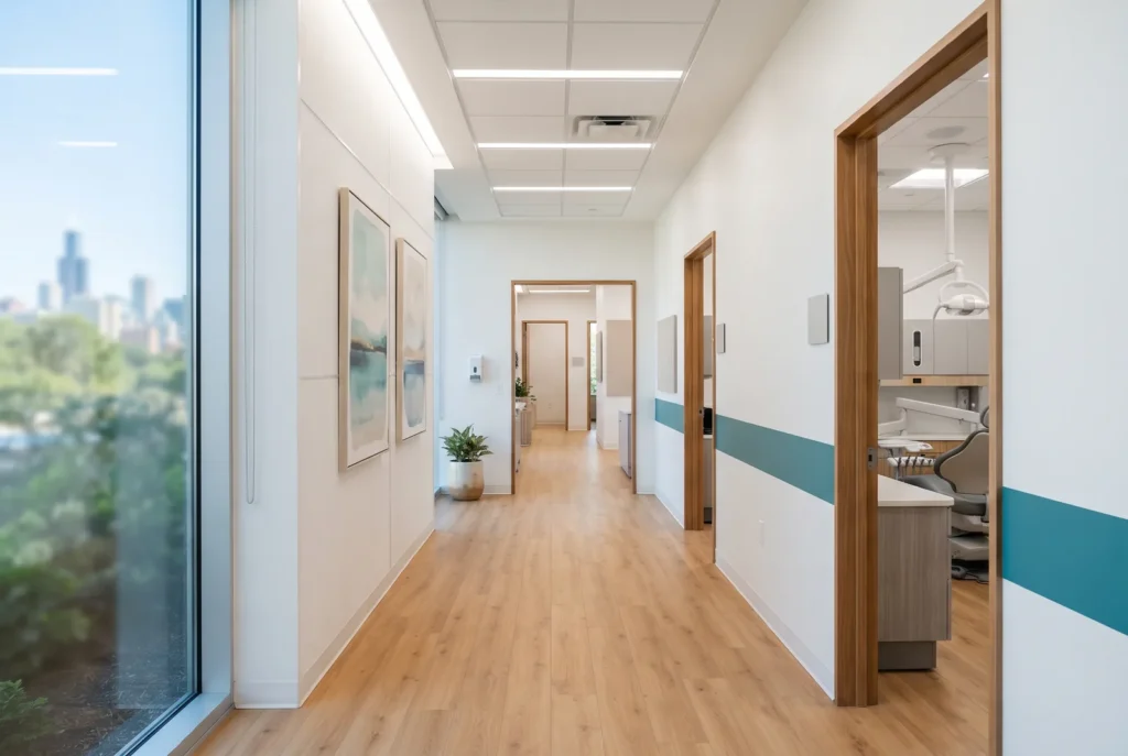 Sunlit hallway of a modern dental office in Chicago with open treatment room doors
