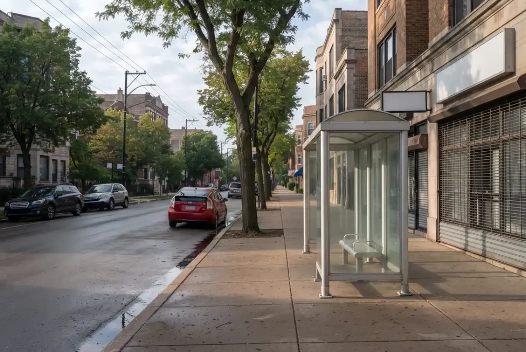 Quiet Chicago street on a Sunday morning with a bus stop shelter