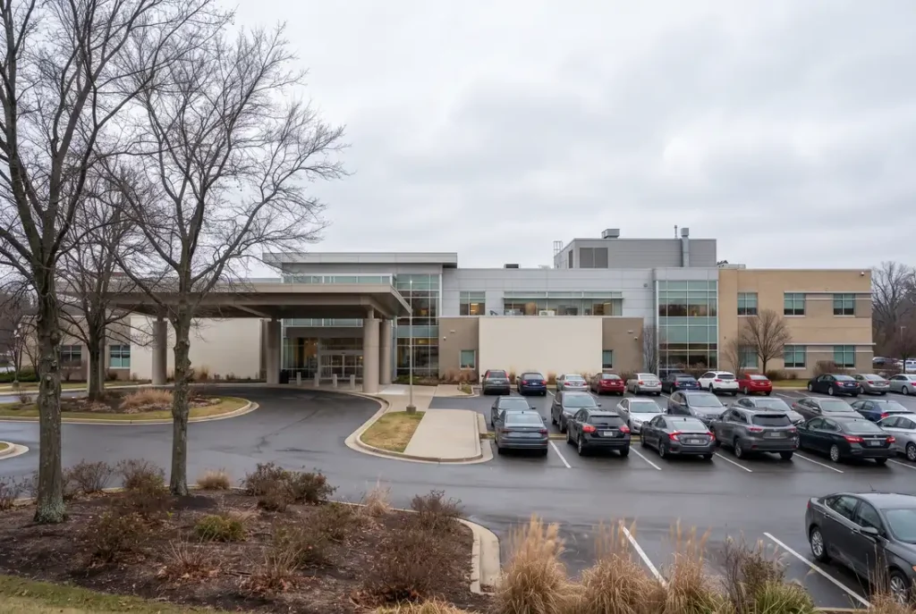 Wide exterior of a hospital building with a driveway on an overcast day in Chicago