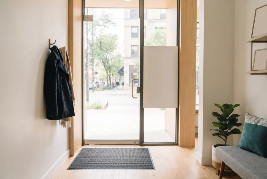 Entrance of a dental office with a glass door and daylight in Chicago