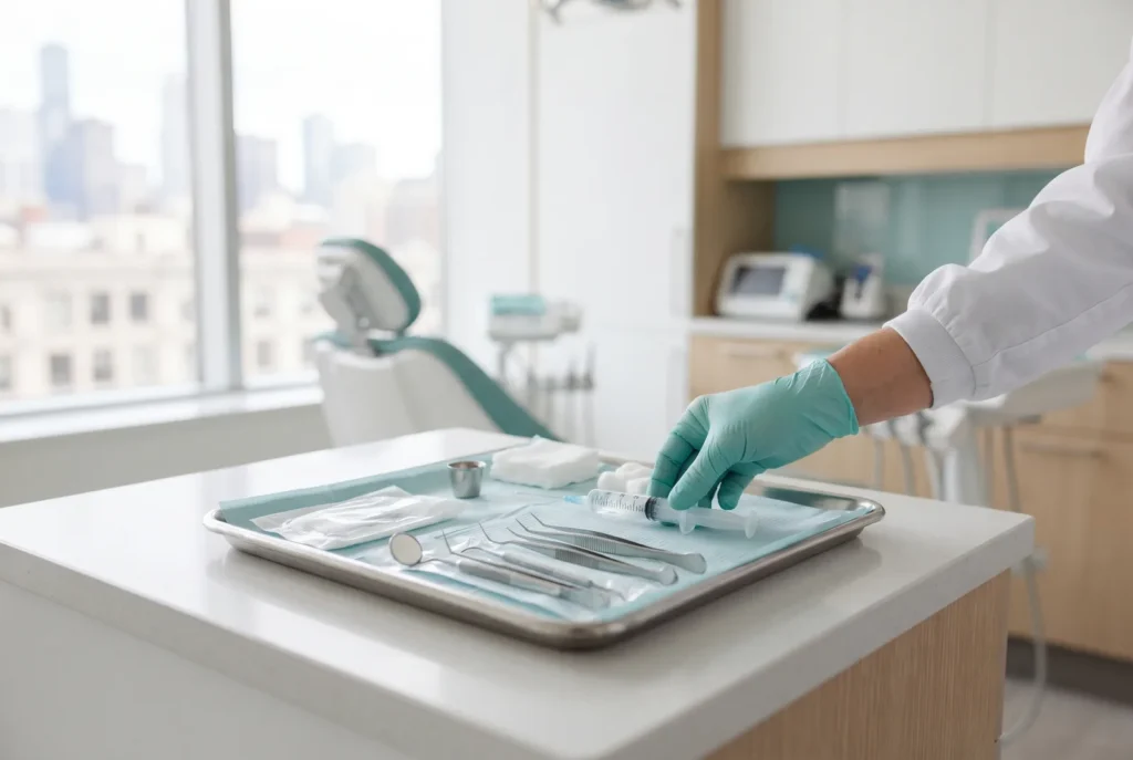 Bandeja estéril con gasa y suero preparada en un consultorio dental luminoso de Chicago