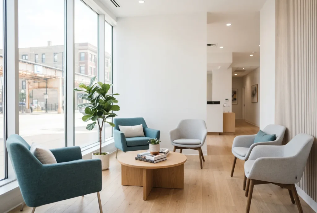 Bright dental office waiting area with chairs and a window in Chicago