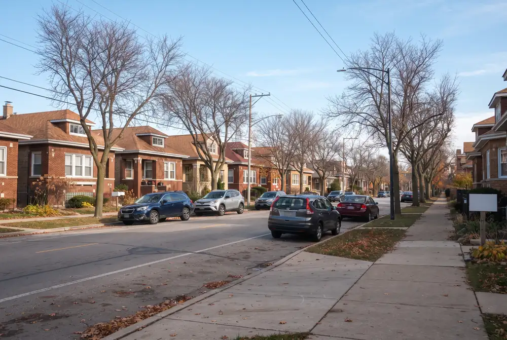 Tree-lined Chicago Northwest Side street of brick bungalows on a clear day