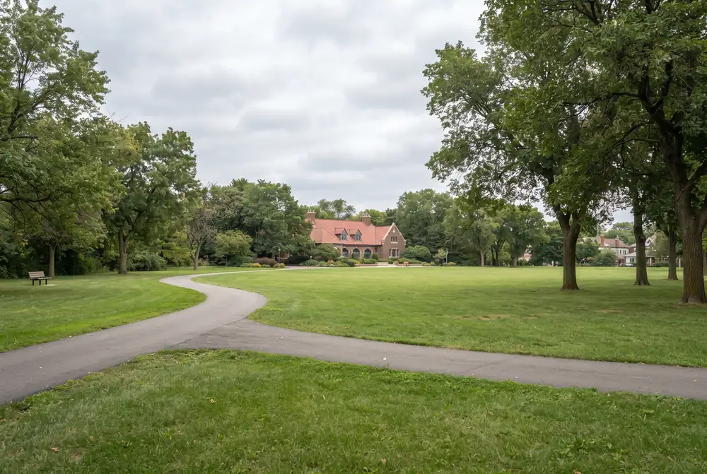 Neighborhood park fieldhouse and lawn in Belmont Cragin, Chicago
