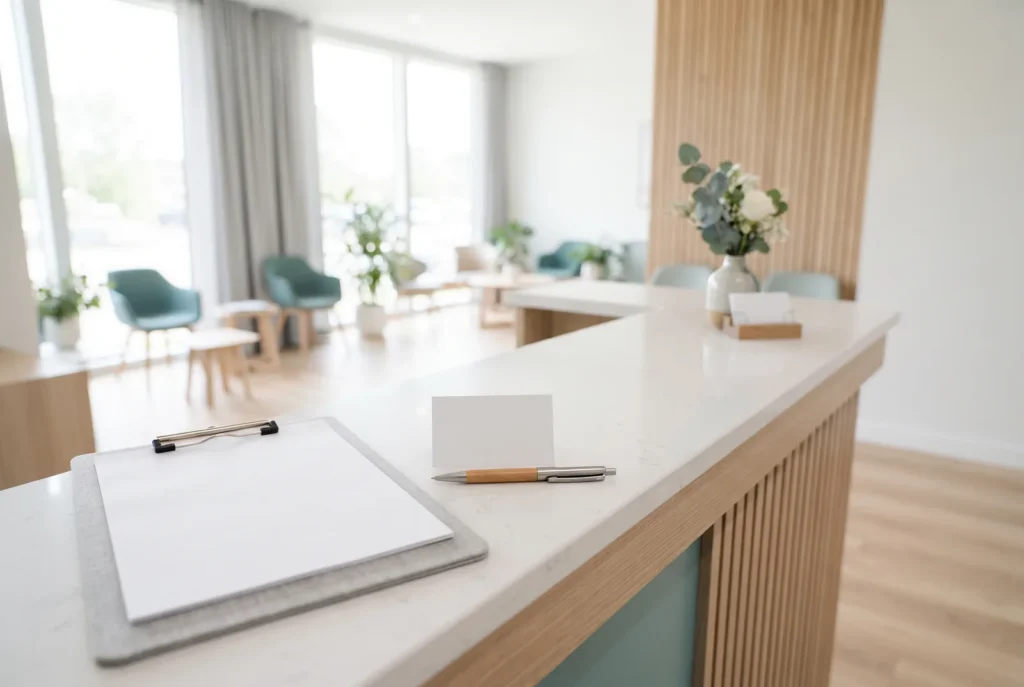 Insurance card, pen and clipboard on a bright dental reception counter in Chicago