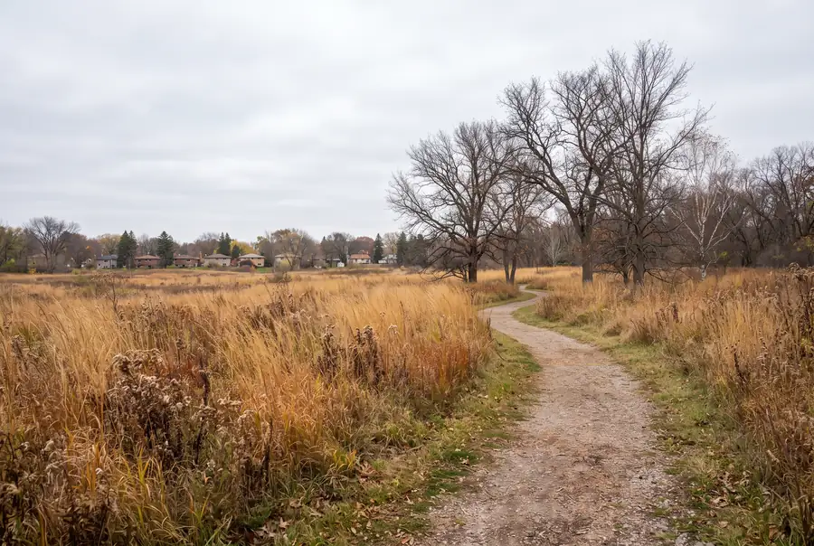 Natural area with prairie grasses and a walking path in Dunning, Chicago