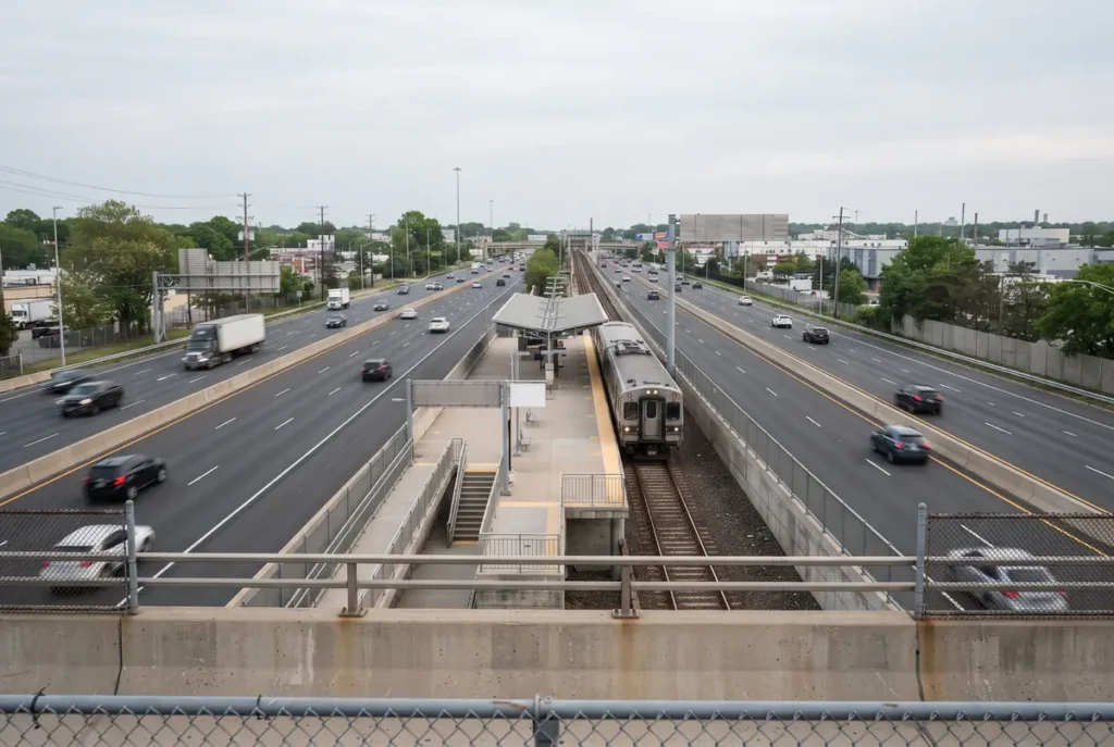 Elevated expressway median train station seen from a bridge in Irving Park, Chicago