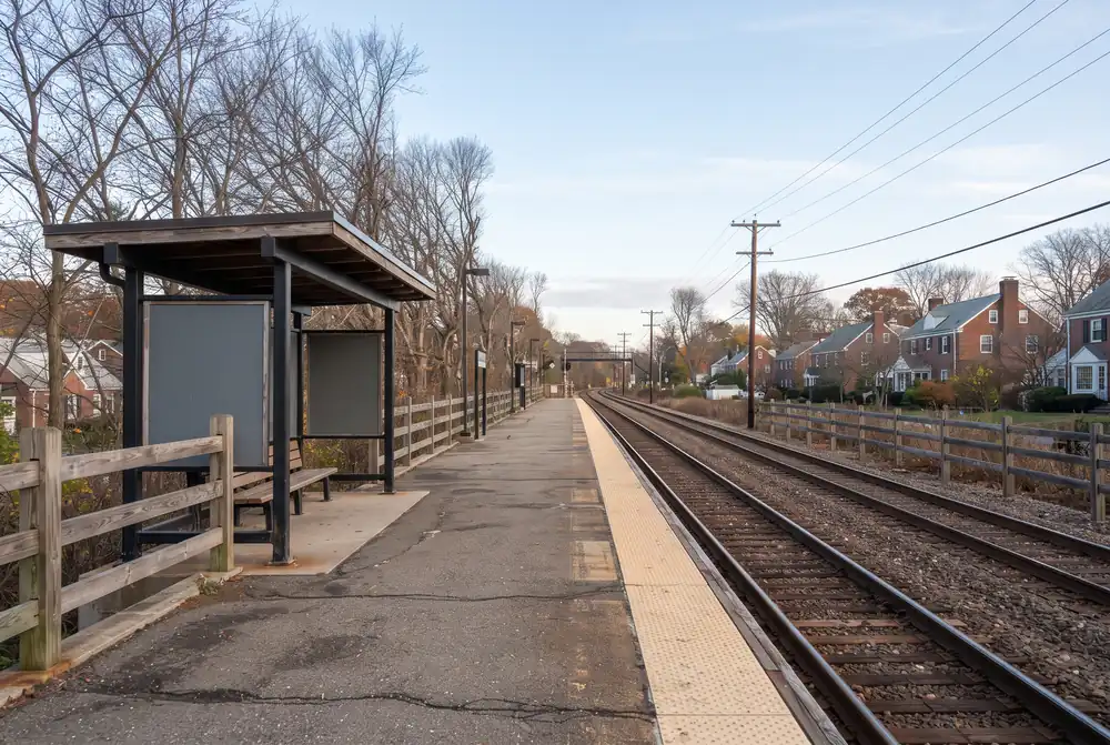 Commuter rail platform with a small shelter on a clear morning in Montclare, Chicago