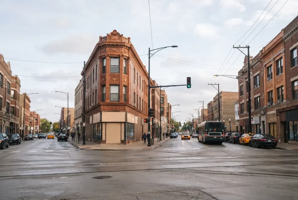 Historic brick commercial corner with a six-way intersection in Portage Park, Chicago