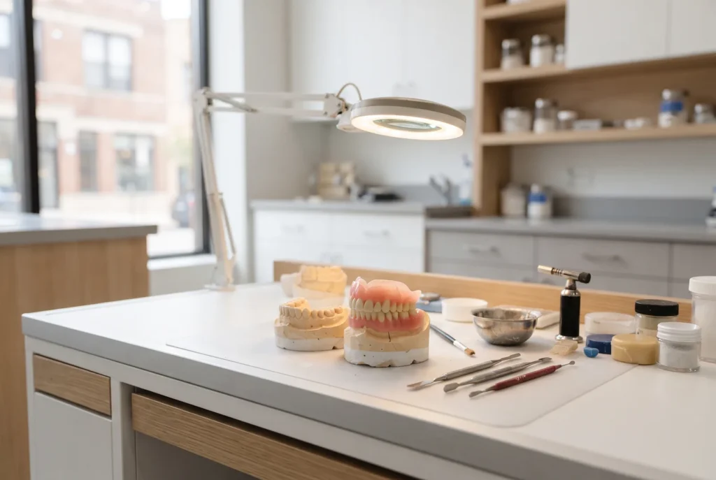 Mesa de laboratorio dental con una dentadura sobre un modelo de yeso bajo una lámpara en Chicago