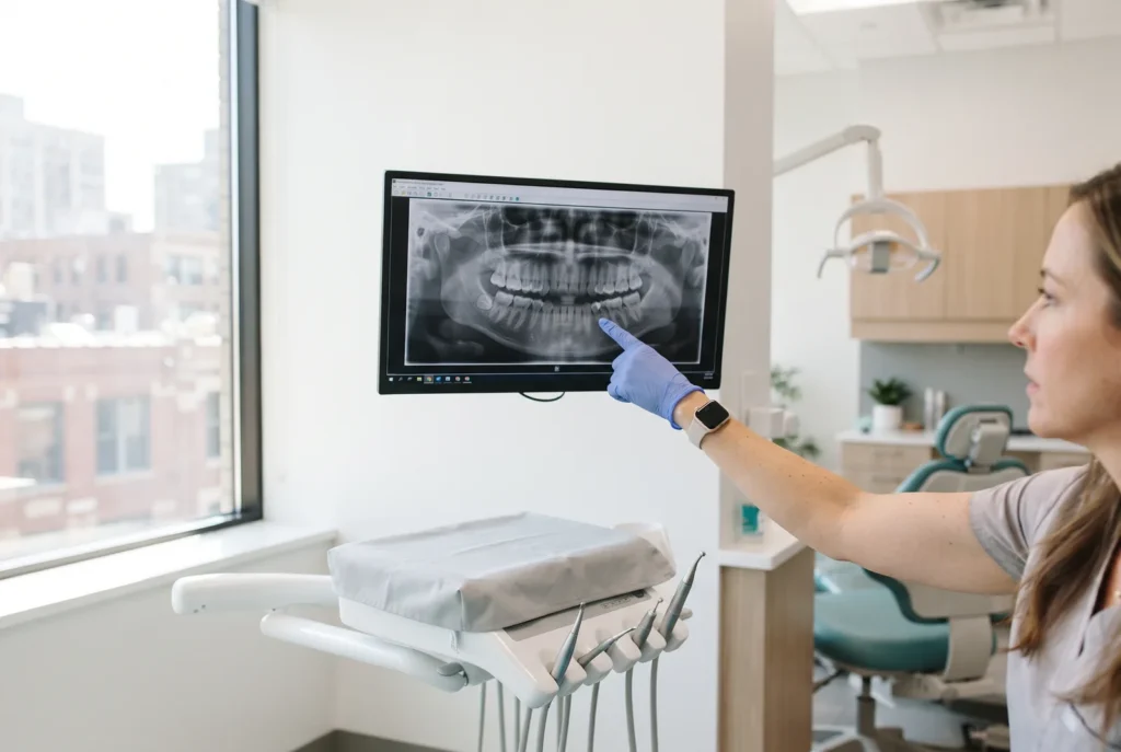 Panoramic dental X-ray displayed on a monitor in a bright Chicago dental office