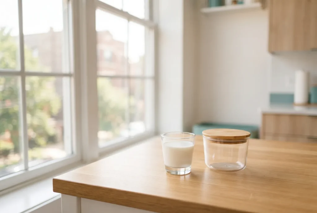 Small glass of milk and a clean container on a kitchen counter, first aid for a knocked-out tooth