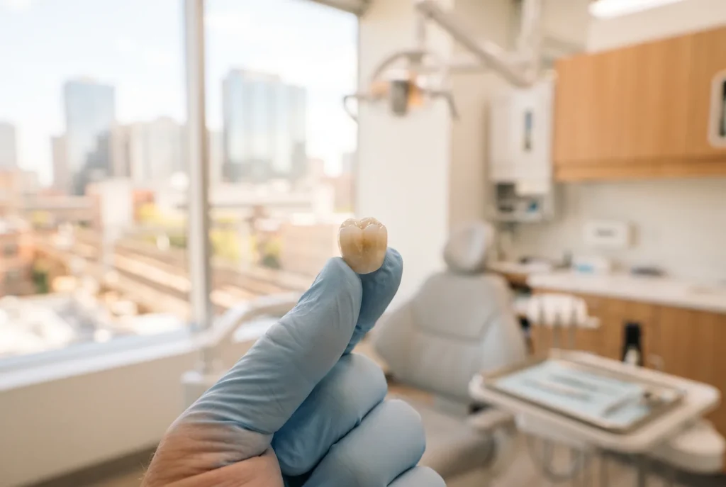 A single dental crown held in gloved fingers in a bright Chicago treatment room
