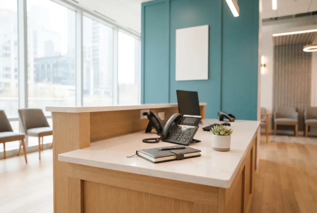Front desk phone and appointment book in a bright Chicago dental reception