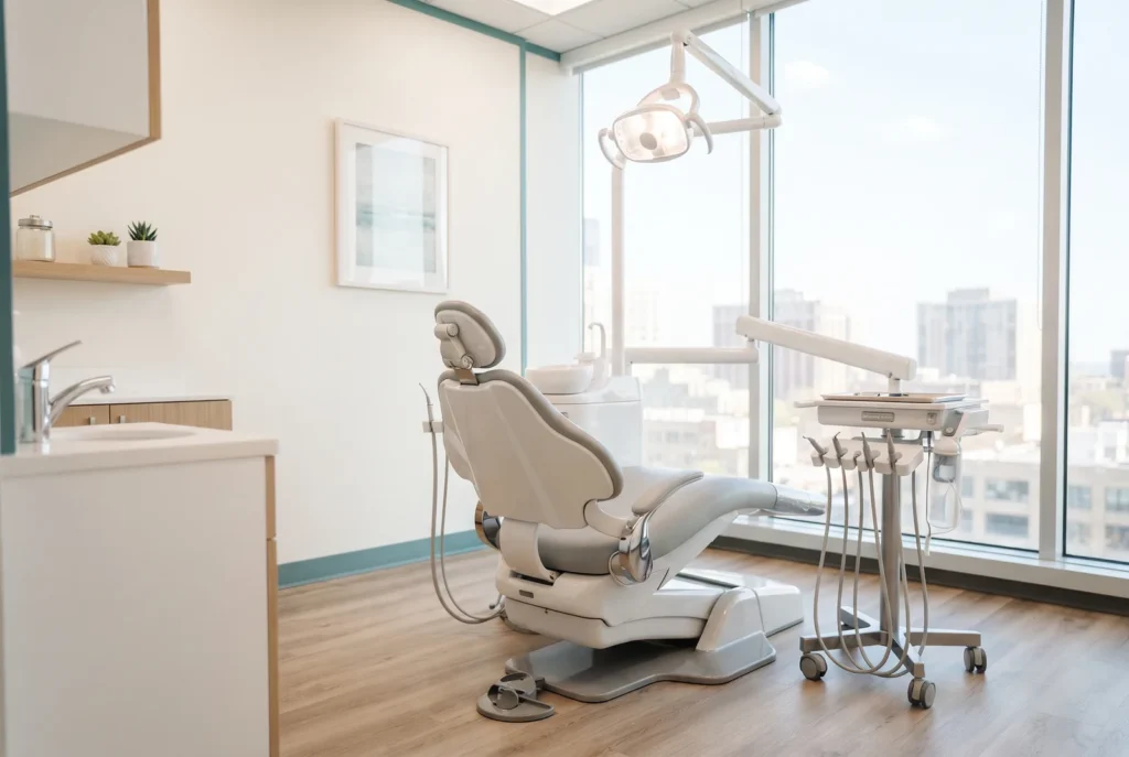 Overhead dental light and clean chair in a bright Chicago treatment room