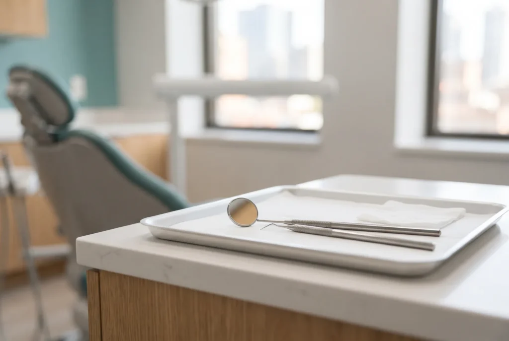 Dental mirror and explorer resting on a clean tray in a bright Chicago treatment room
