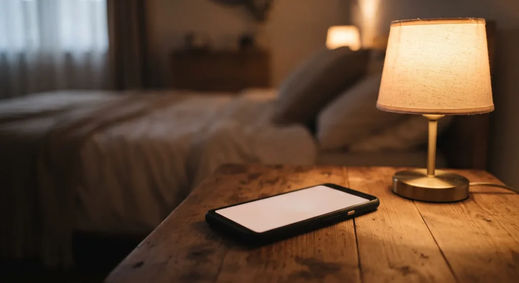 Phone on a bedside table at night with a warm lamp, calling an emergency dentist in Chicago