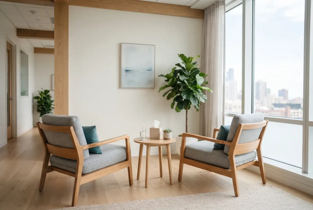 Calm dental consultation corner with a chair and daylight in a Chicago office